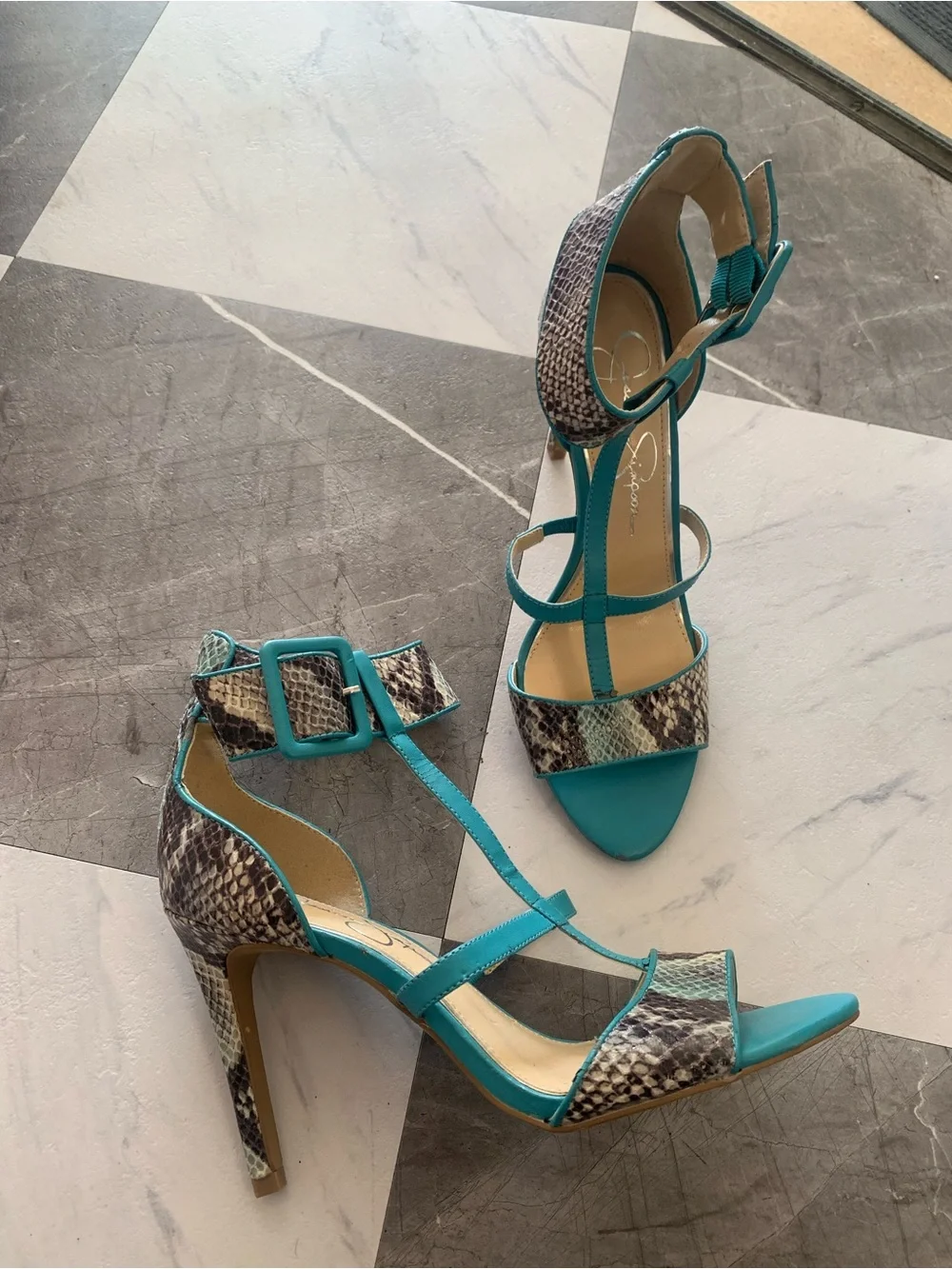 Jessica Simpson Turquoise Snake-Print T-Strap Heels